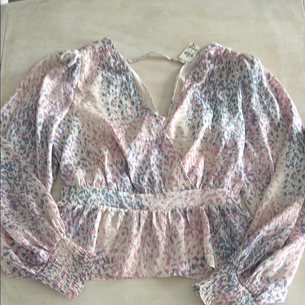 Express Pink and Silver Puff Sleeve Ruffled Blouse